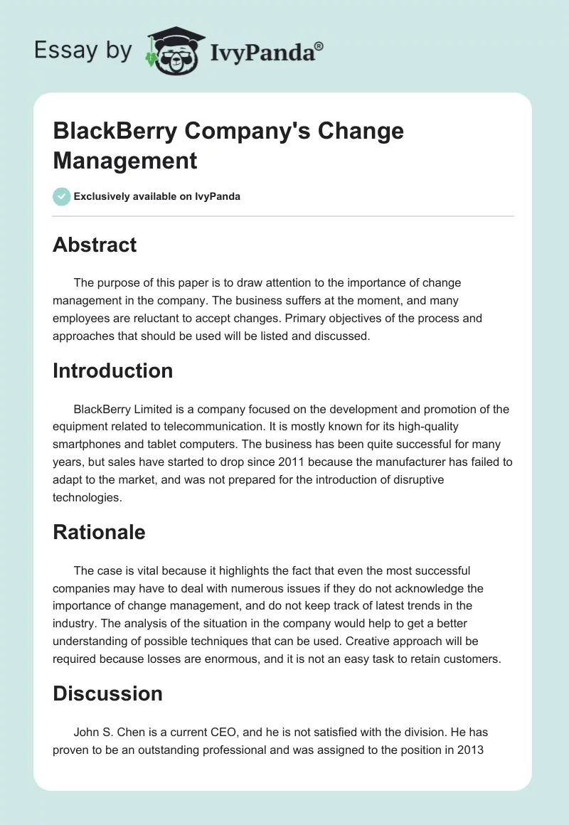 BlackBerry Company's Change Management. Page 1