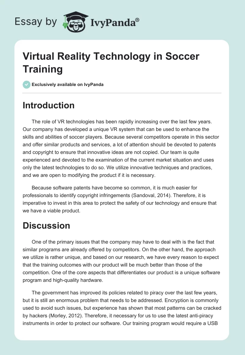 Virtual Reality Technology in Soccer Training. Page 1