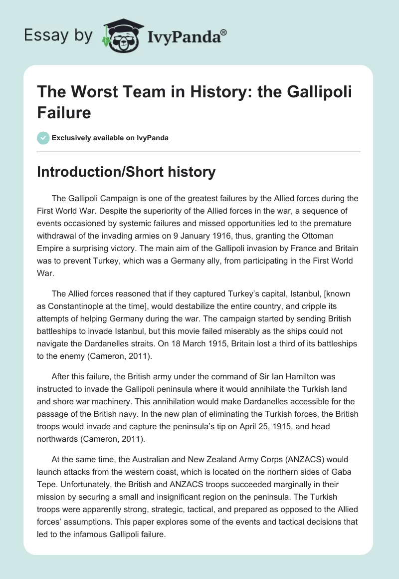 The Worst Team in History: the Gallipoli Failure. Page 1