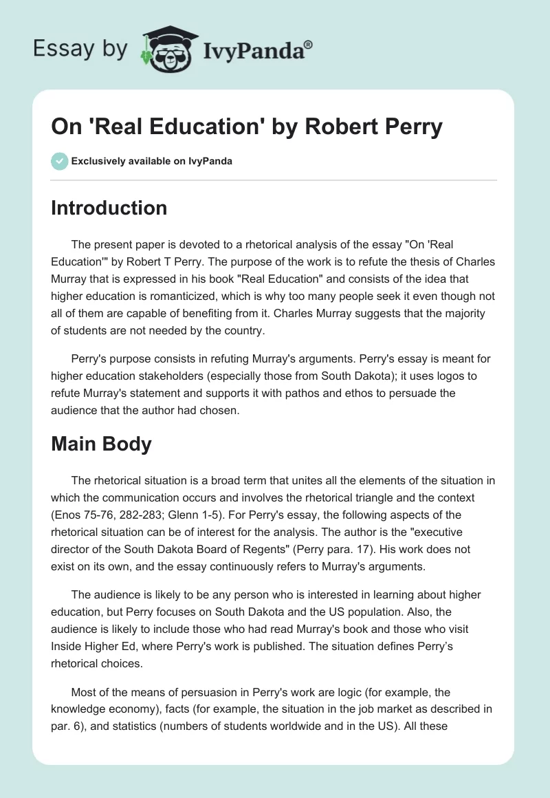 "On 'Real Education'" by Robert Perry. Page 1