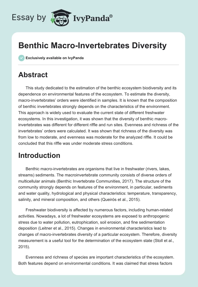 Benthic Macro-Invertebrates Diversity. Page 1