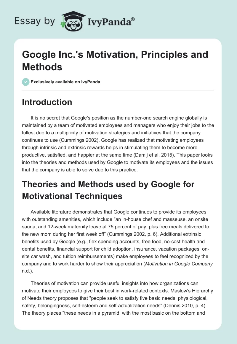 Google Inc.'s Motivation, Principles and Methods. Page 1