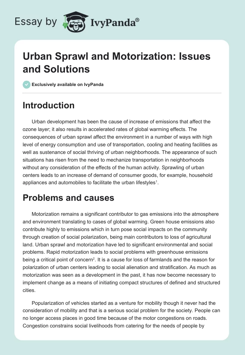 Urban Sprawl and Motorization: Issues and Solutions. Page 1