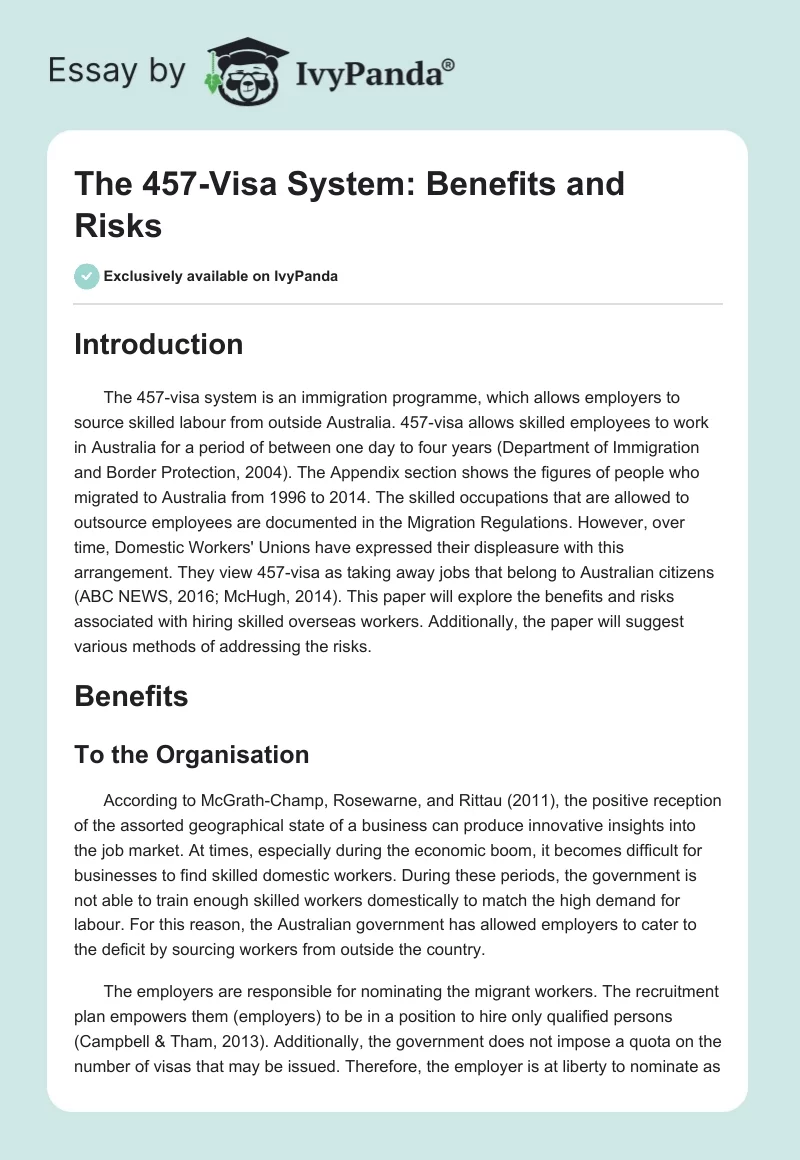 The 457-Visa System: Benefits and Risks. Page 1