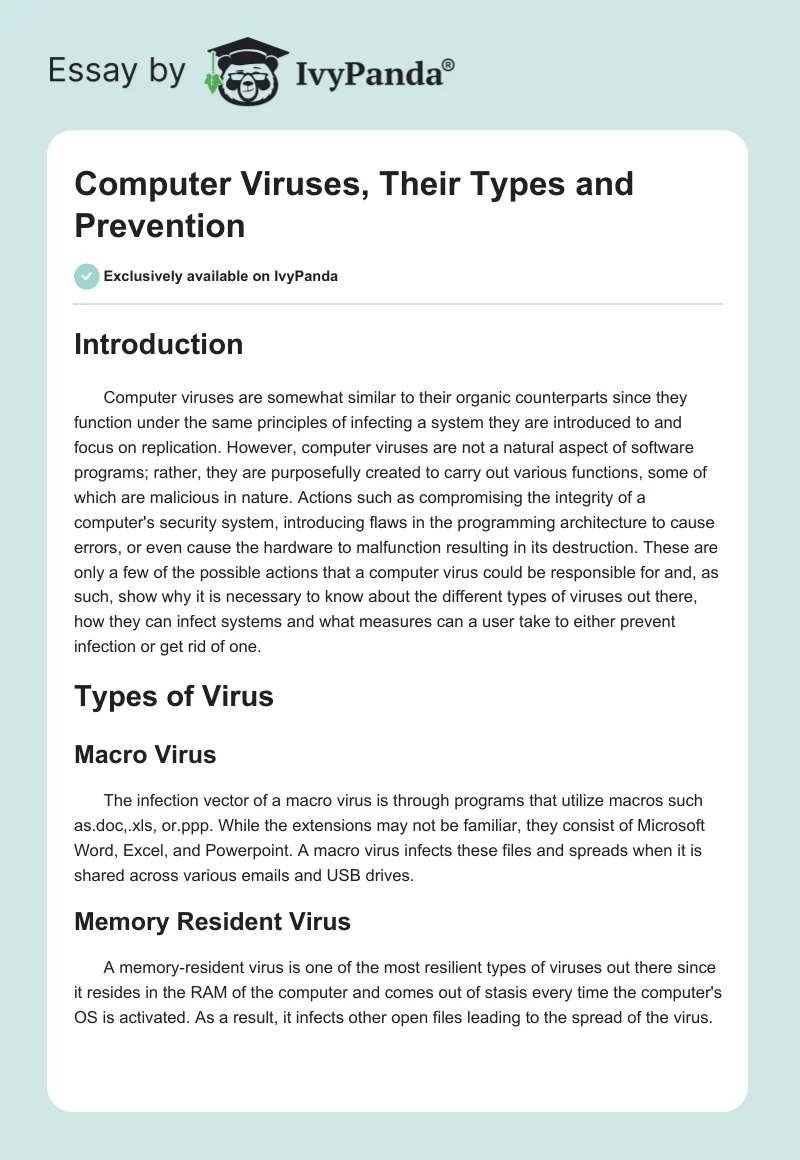 Computer Viruses, Their Types and Prevention. Page 1