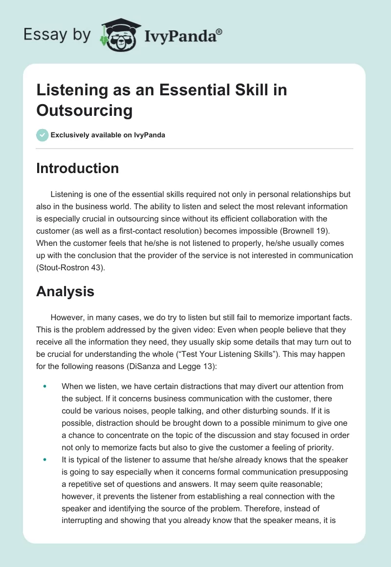 Listening as an Essential Skill in Outsourcing. Page 1