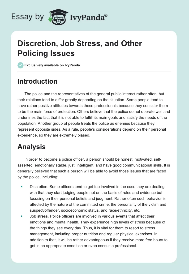 Discretion, Job Stress, and Other Policing Issues. Page 1