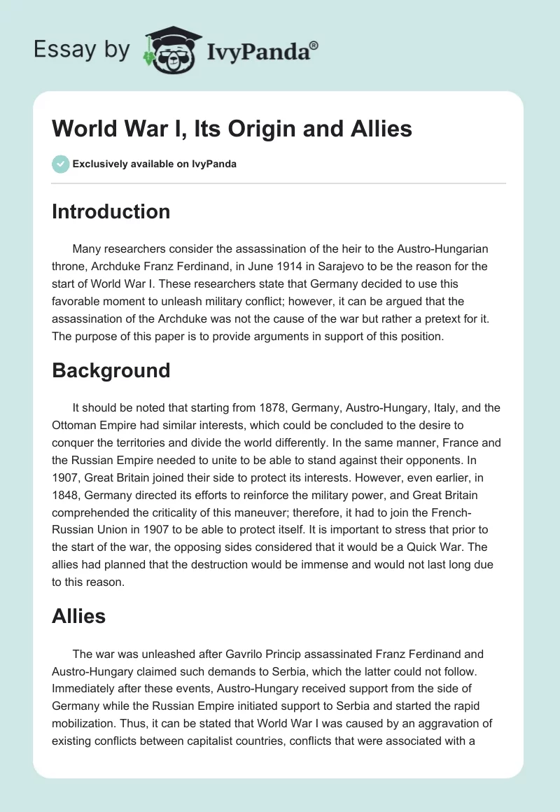 World War I, Its Origin and Allies. Page 1