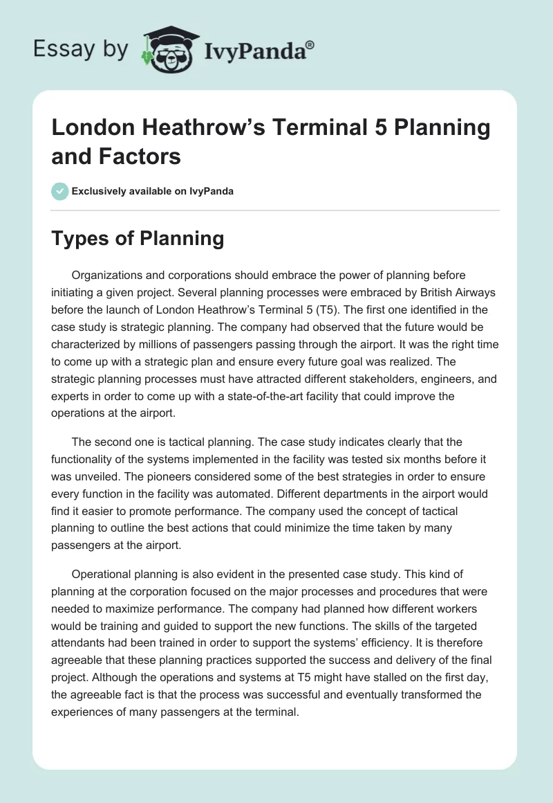 London Heathrow’s Terminal 5 Planning and Factors. Page 1