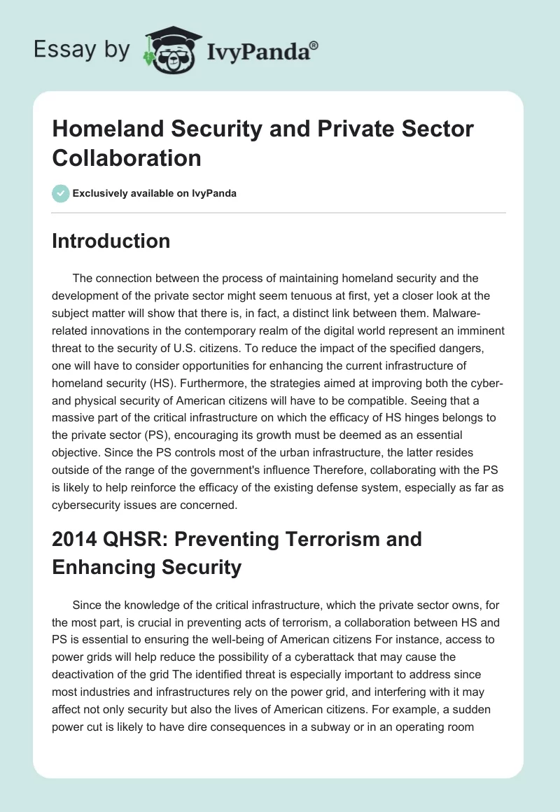 Homeland Security and Private Sector Collaboration. Page 1