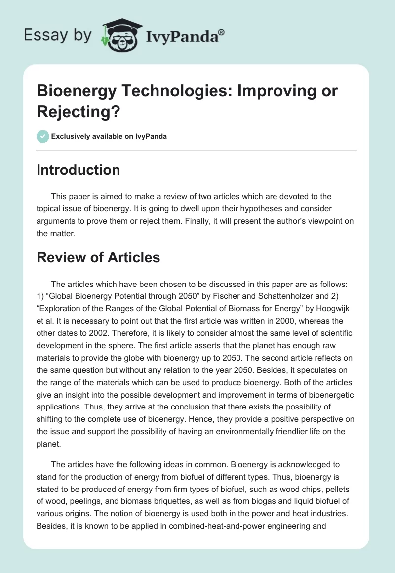 Bioenergy Technologies: Improving or Rejecting?. Page 1