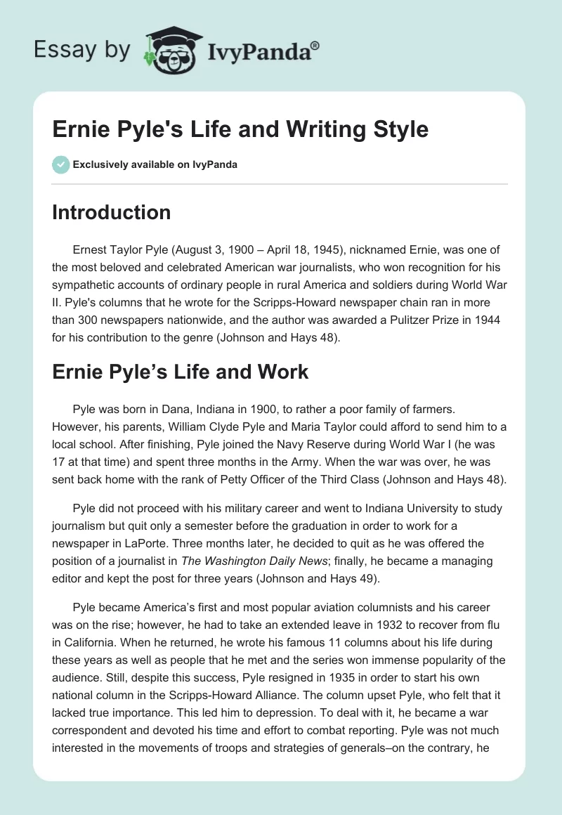 Ernie Pyle's Life and Writing Style. Page 1