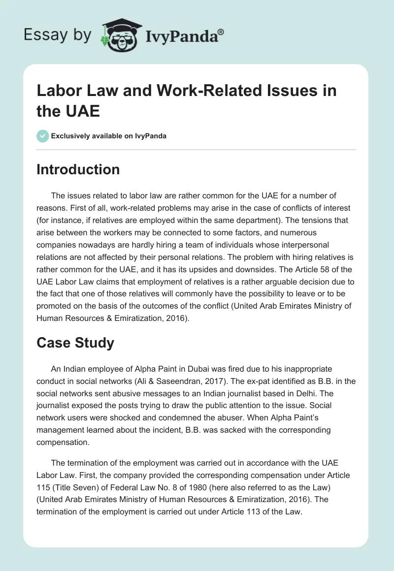 Labor Law and Work-Related Issues in the UAE. Page 1