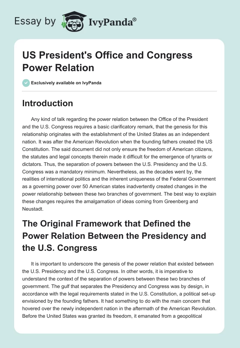 US President's Office and Congress Power Relation. Page 1