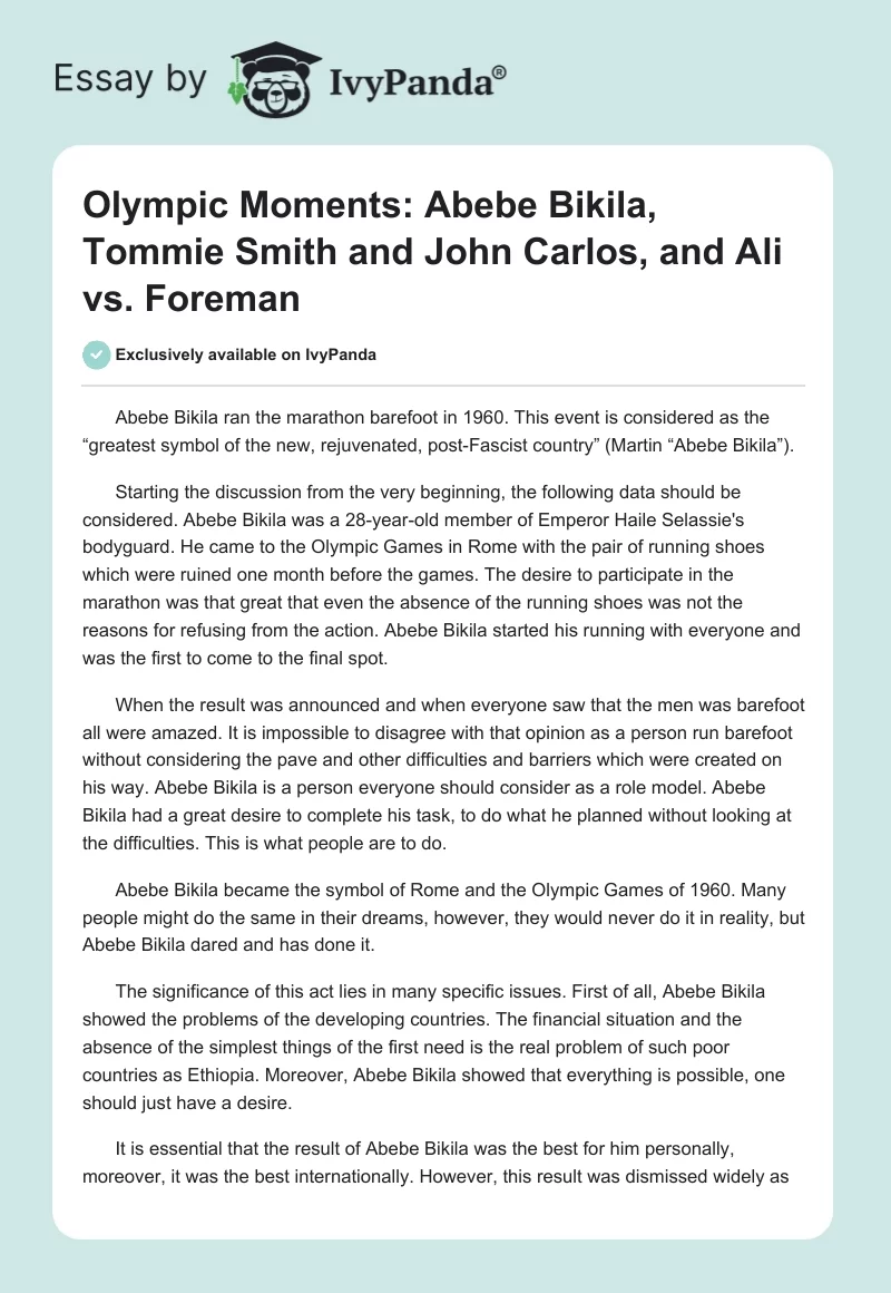 Olympic Moments: Abebe Bikila, Tommie Smith and John Carlos, and Ali vs. Foreman. Page 1