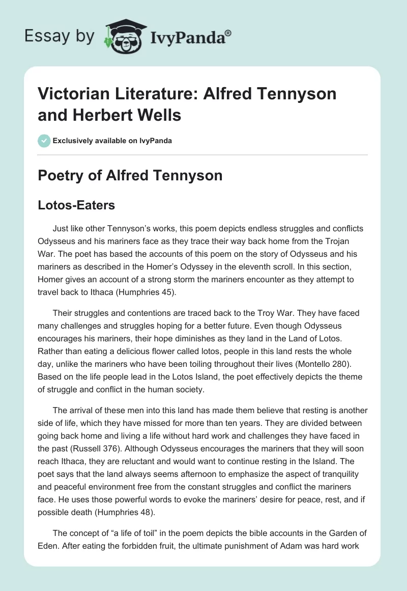 Victorian Literature: Alfred Tennyson and Herbert Wells. Page 1