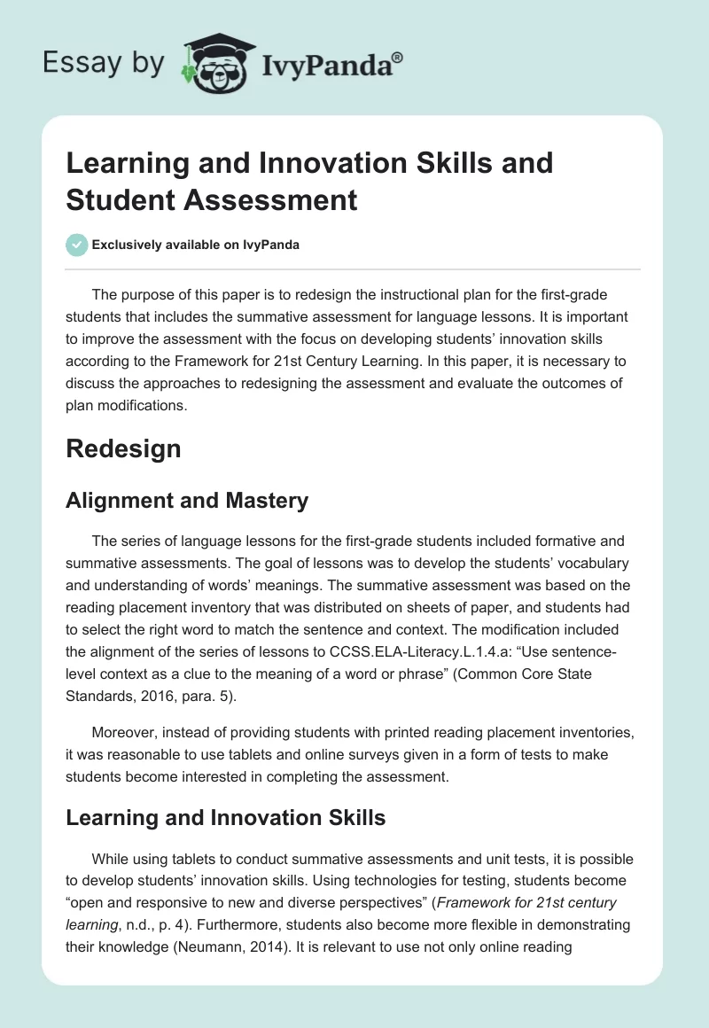 Learning and Innovation Skills and Student Assessment. Page 1