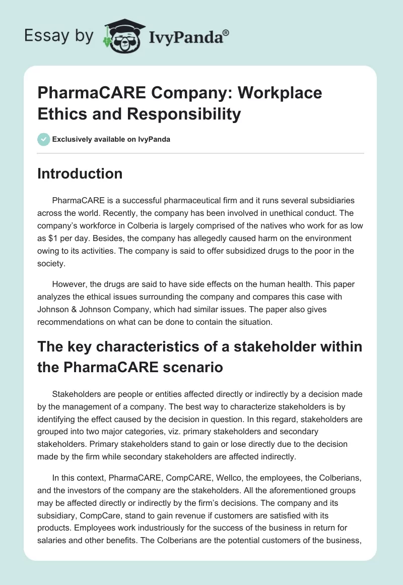PharmaCARE Company: Workplace Ethics and Responsibility. Page 1
