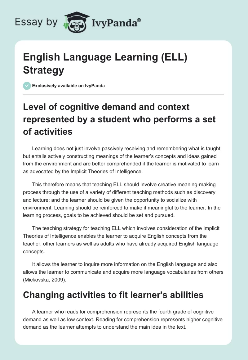 English Language Learning (ELL) Strategy. Page 1