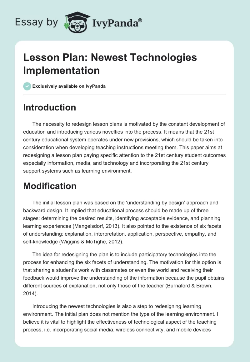 Lesson Plan: Newest Technologies Implementation. Page 1