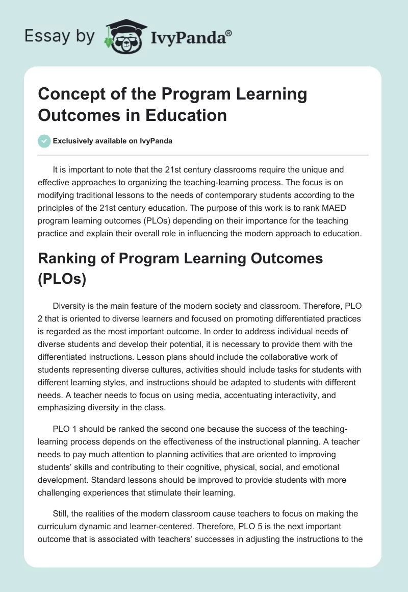 Concept of the Program Learning Outcomes in Education. Page 1