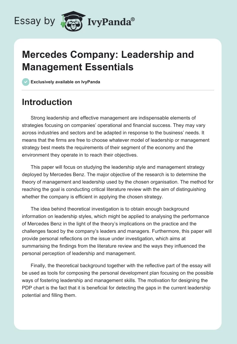 Mercedes Company: Leadership and Management Essentials. Page 1
