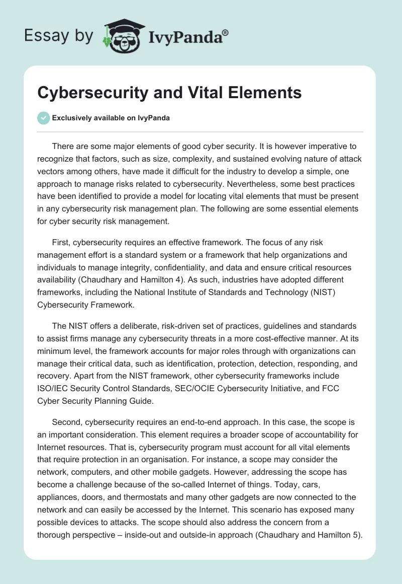 Cybersecurity and Vital Elements. Page 1