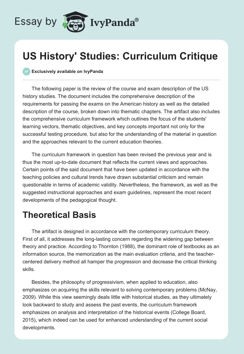 US History' Studies: Curriculum Critique. Page 1