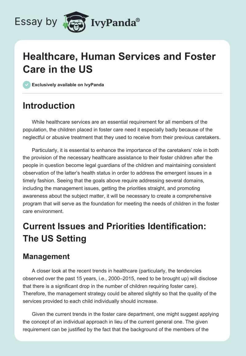 Healthcare, Human Services and Foster Care in the US. Page 1