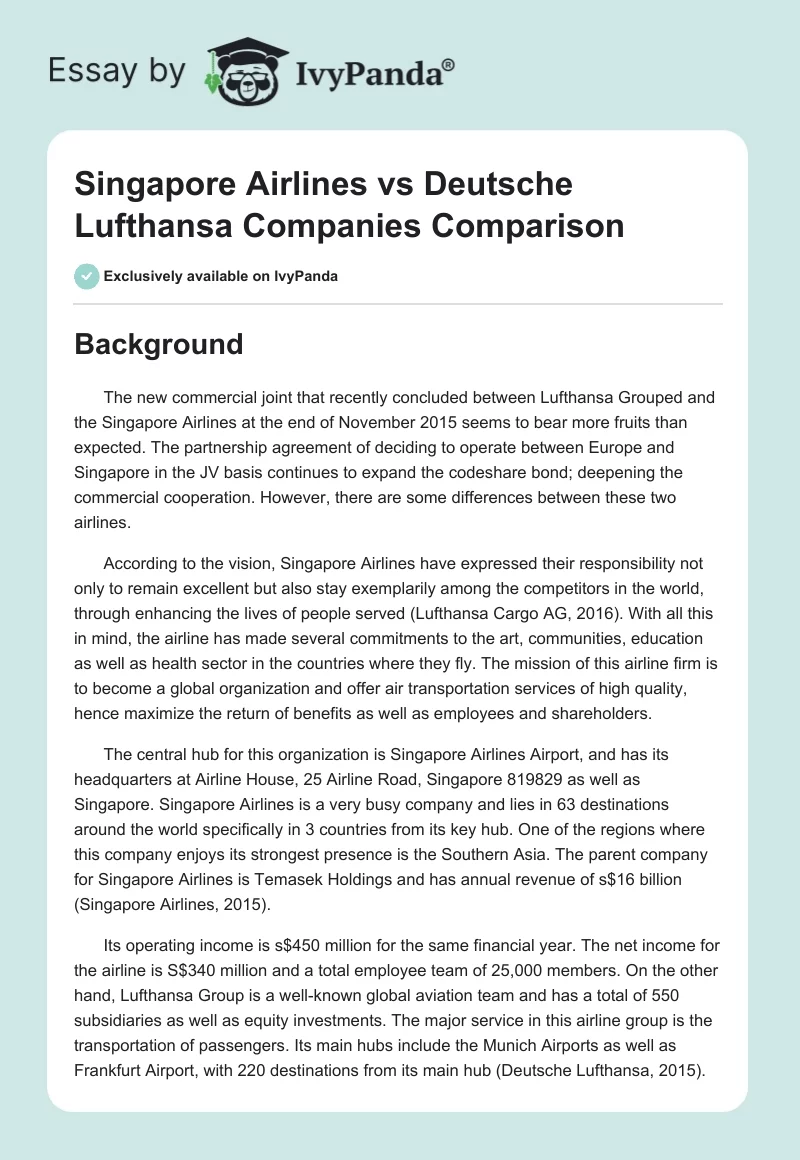 Singapore Airlines vs. Deutsche Lufthansa Companies Comparison. Page 1