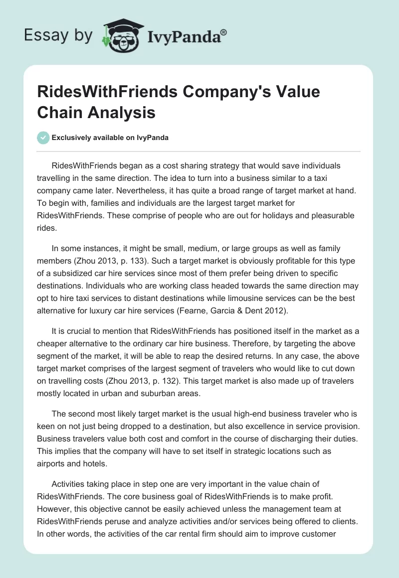 RidesWithFriends Company's Value Chain Analysis. Page 1