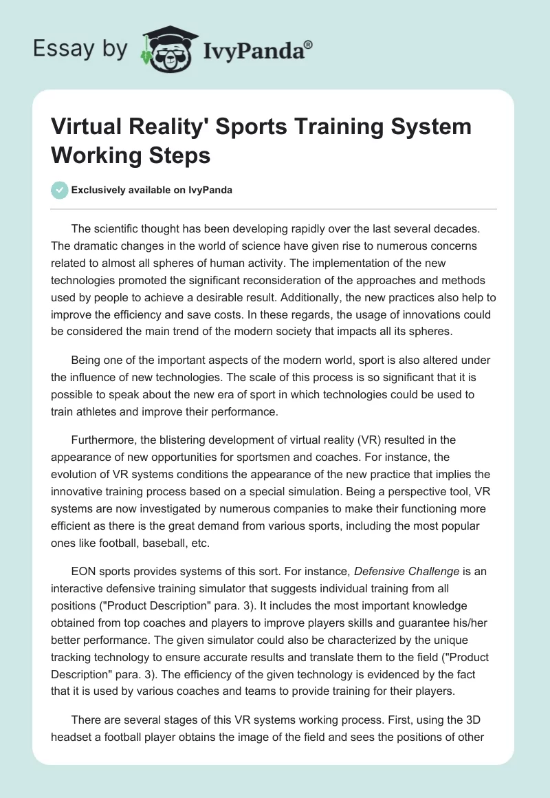 Virtual Reality' Sports Training System Working Steps. Page 1