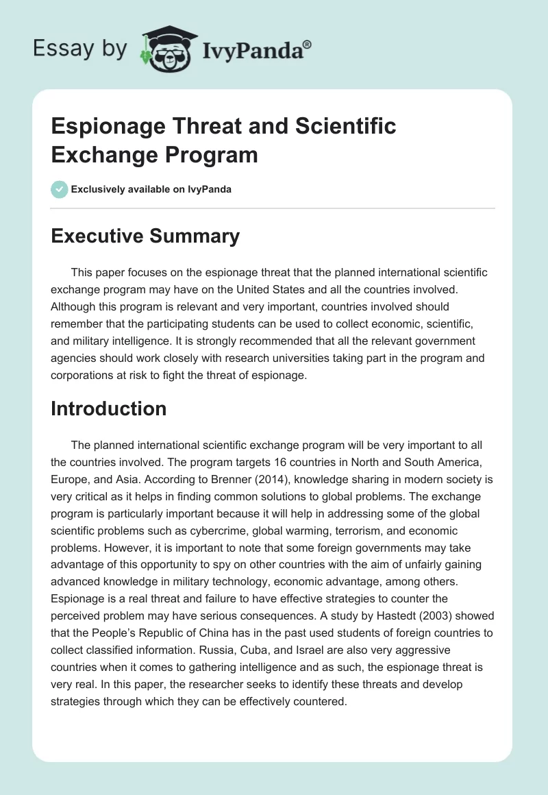 Espionage Threat and Scientific Exchange Program. Page 1