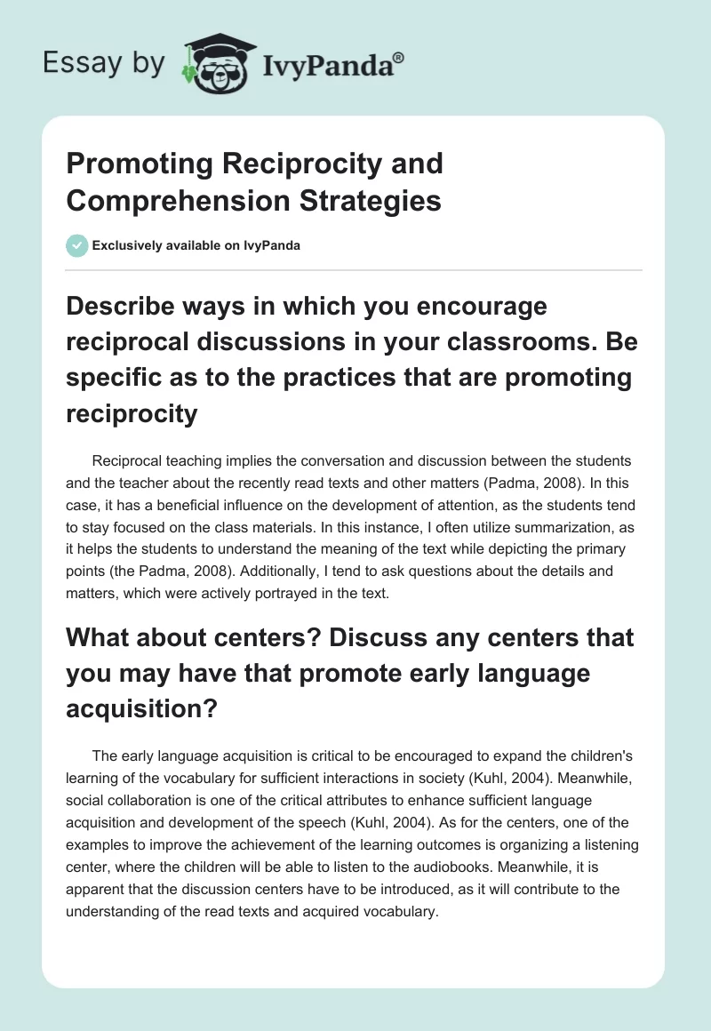 Promoting Reciprocity and Comprehension Strategies. Page 1