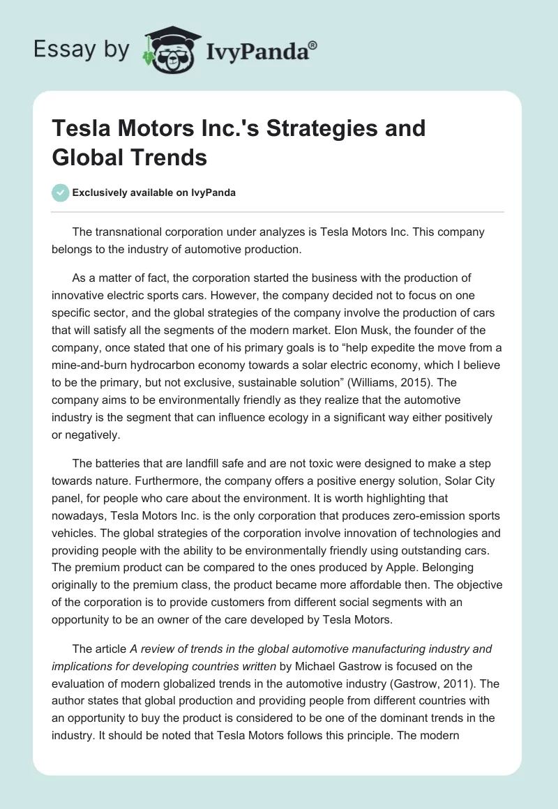 Tesla Motors Inc.'s Strategies and Global Trends. Page 1