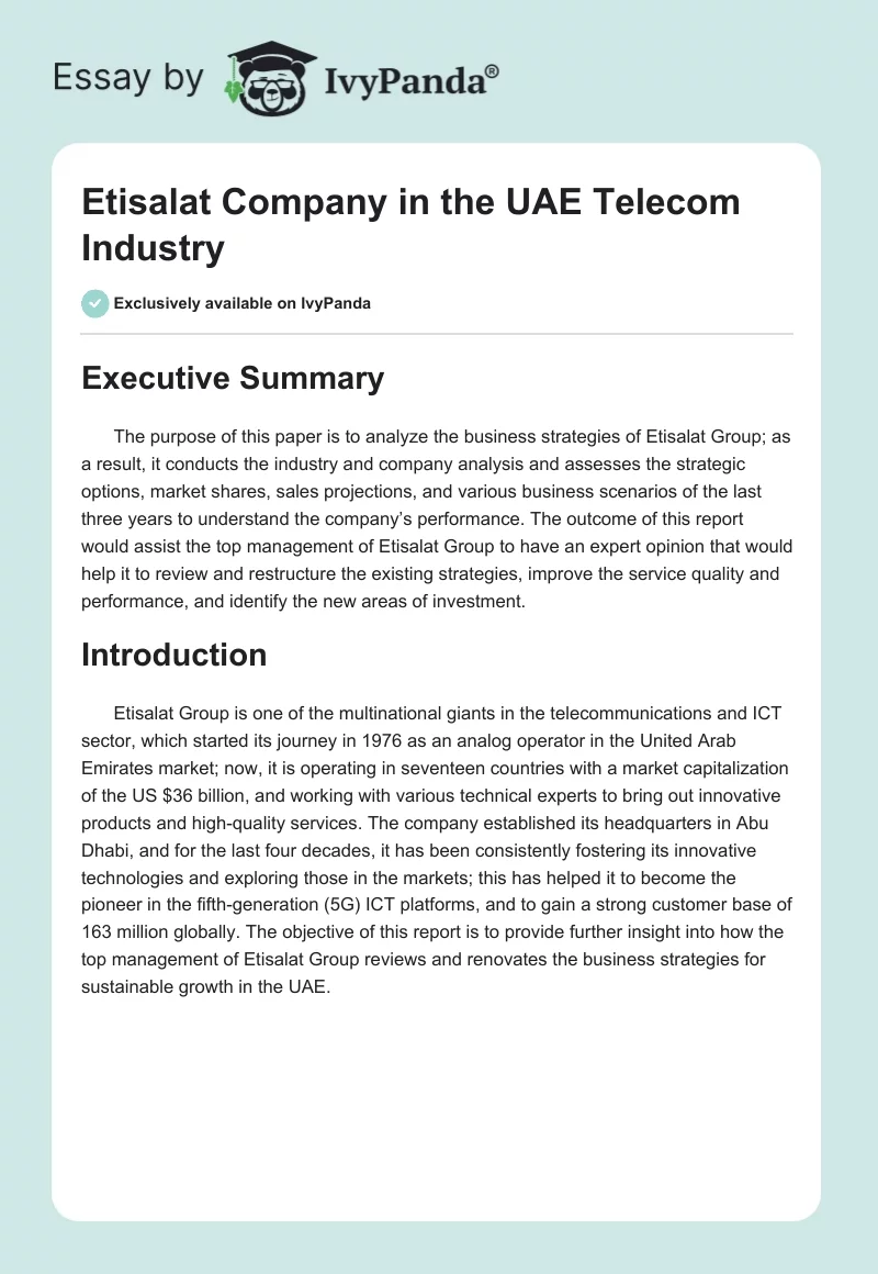 Etisalat Company in the UAE Telecom Industry. Page 1