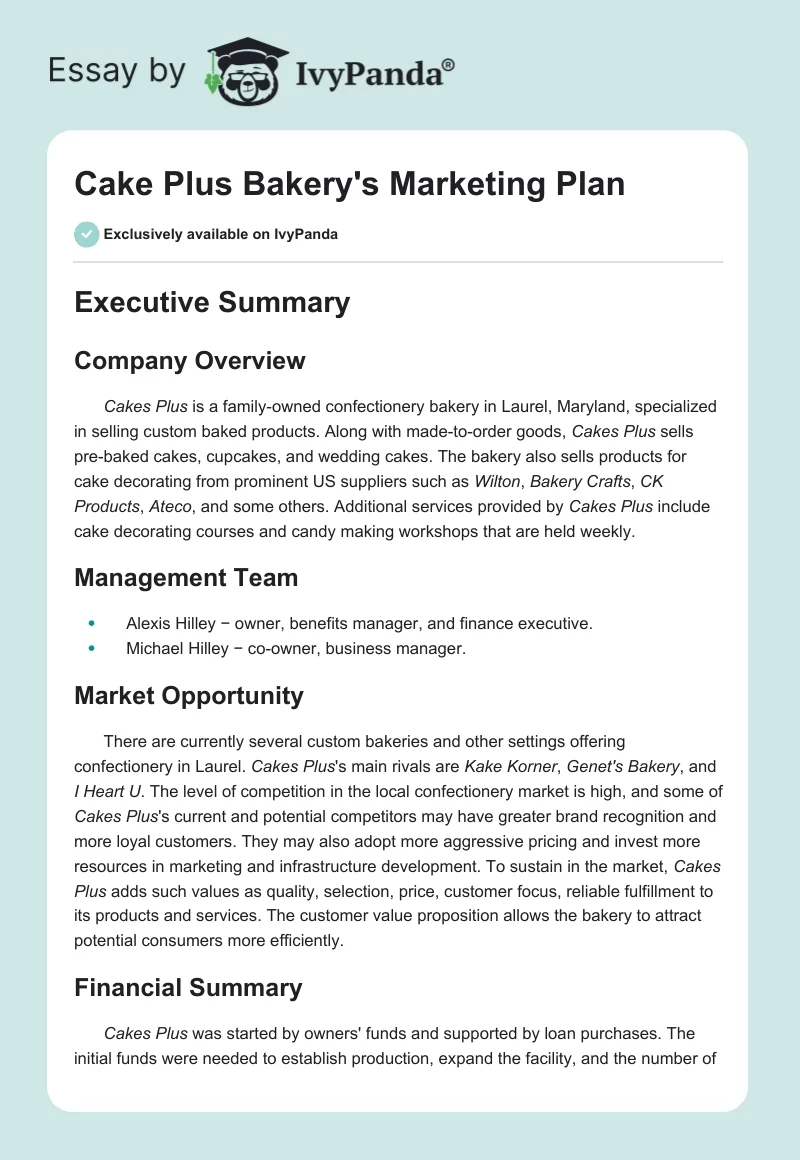 Cake Plus Bakery's Marketing Plan. Page 1
