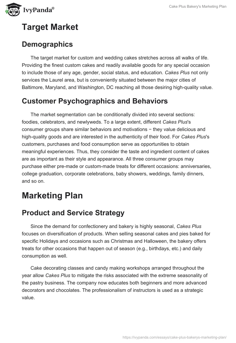 Cake Plus Bakery's Marketing Plan. Page 4