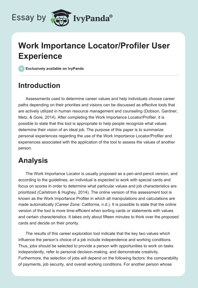 Work Importance Locator/Profiler User Experience. Page 1