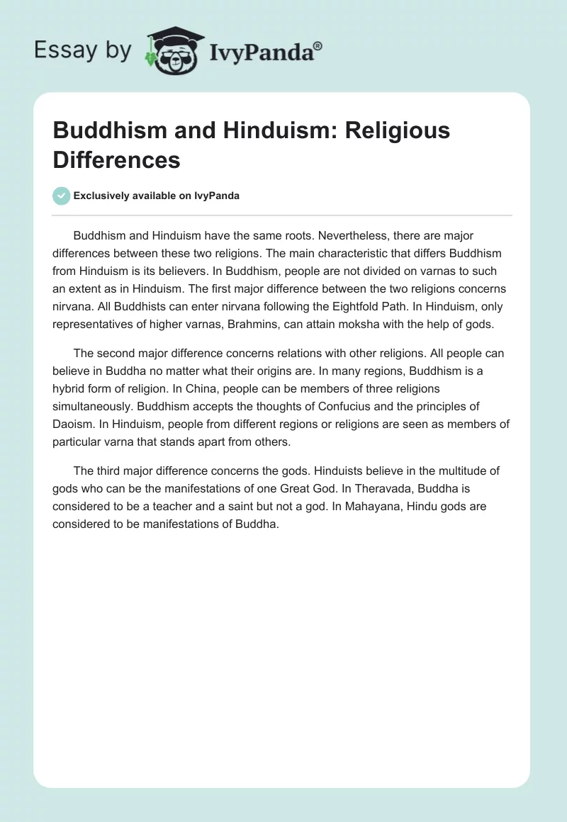 Buddhism and Hinduism: Religious Differences. Page 1