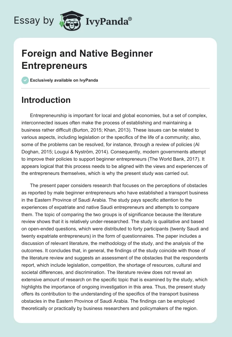 Foreign and Native Beginner Entrepreneurs. Page 1