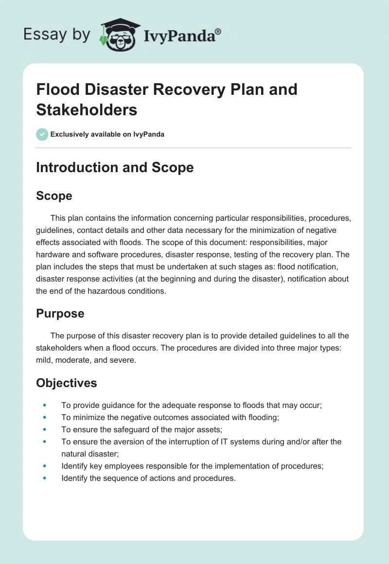 Flood Disaster Recovery Plan and Stakeholders. Page 1
