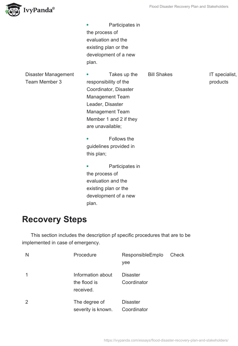 Flood Disaster Recovery Plan and Stakeholders. Page 5