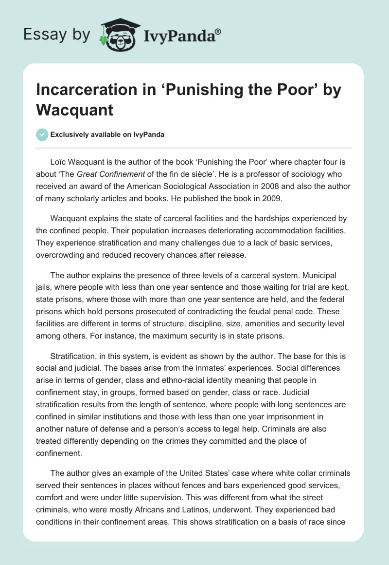 Incarceration in ‘Punishing the Poor’ by Wacquant. Page 1