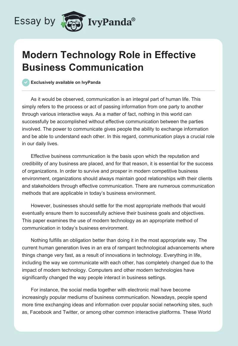 Modern Technology Role in Effective Business Communication. Page 1