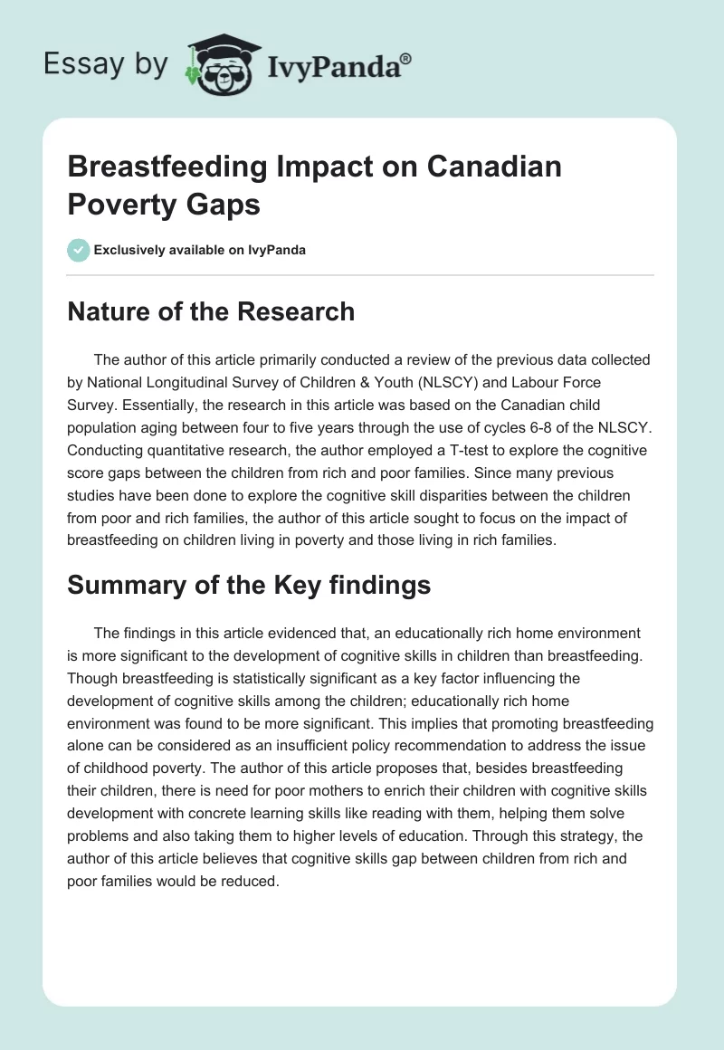 Breastfeeding Impact on Canadian Poverty Gaps. Page 1