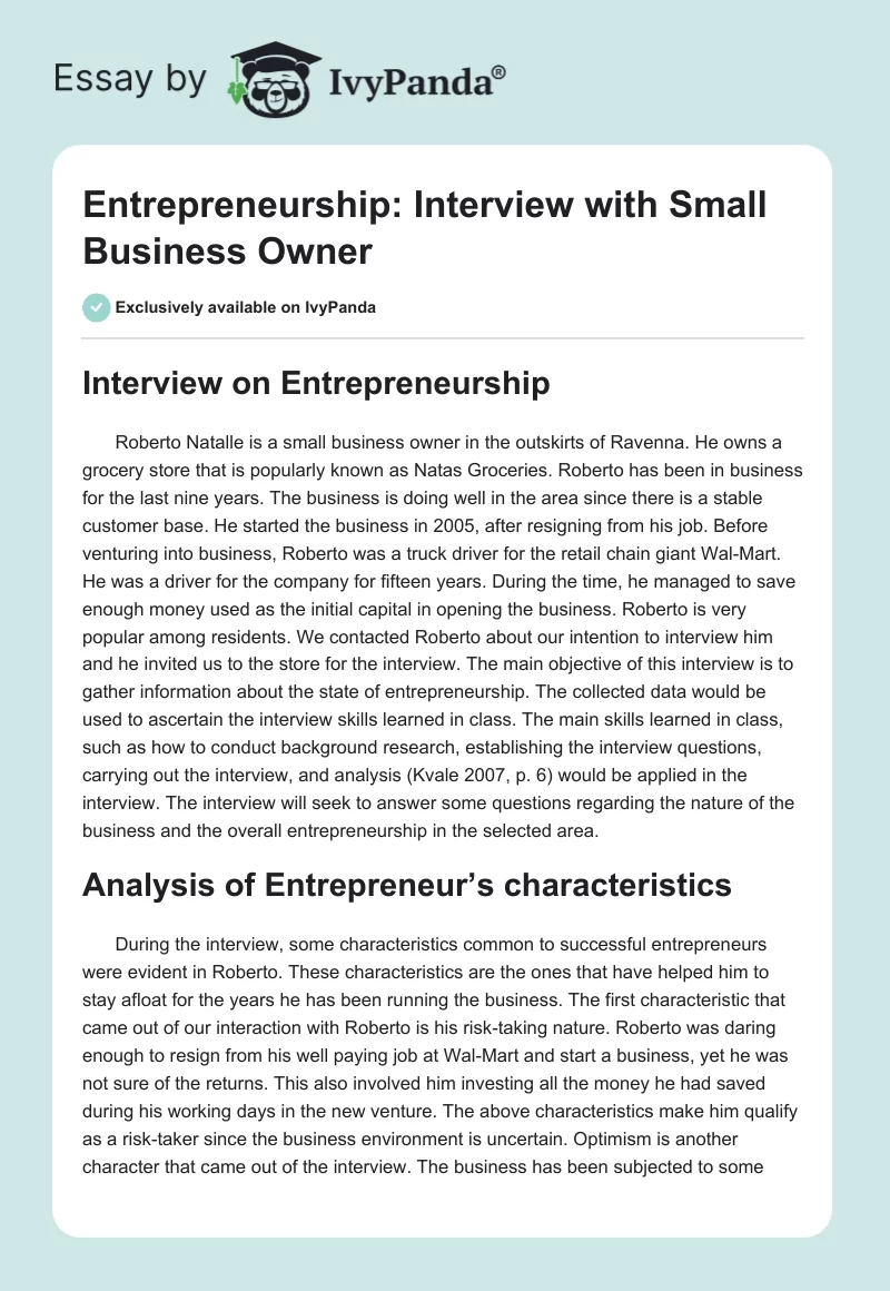 Entrepreneurship: Interview with Small Business Owner. Page 1