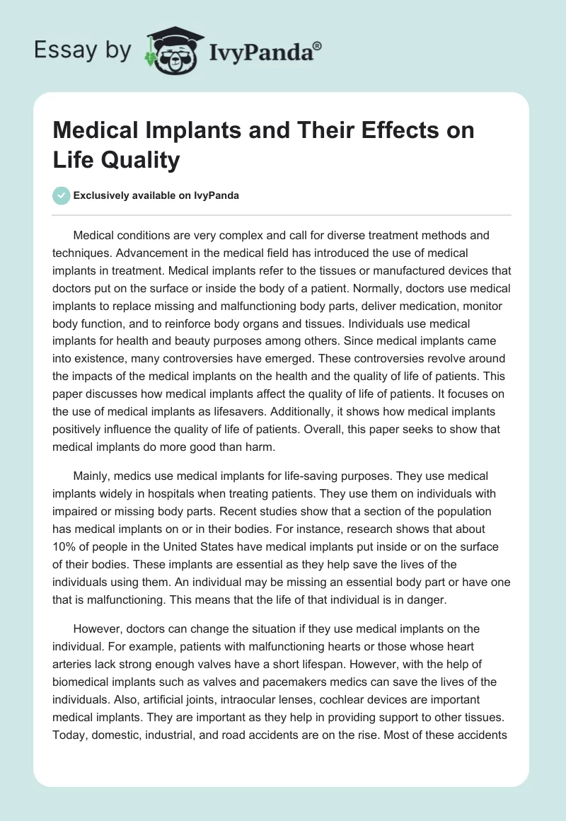 Medical Implants and Their Effects on Life Quality. Page 1