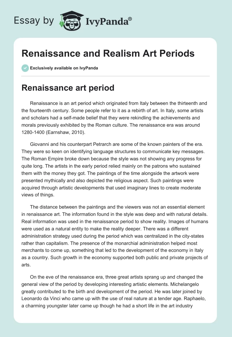 Renaissance and Realism Art Periods. Page 1