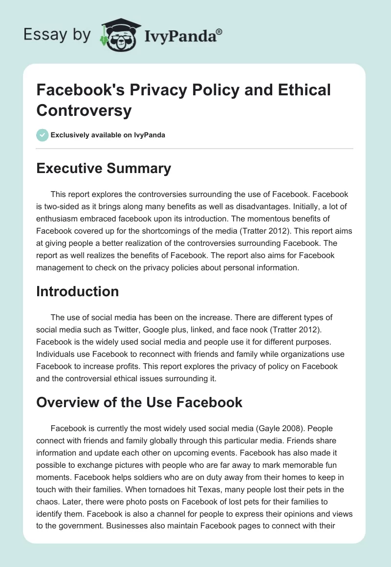 Facebook's Privacy Policy and Ethical Controversy. Page 1
